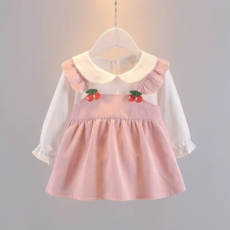 Autumn Children Girls Fake Two Piece Dress 0-3Y Baby Girls Cherry Long Sleeve Dress Peter Pan Collar Newborn Girl Princess Dress