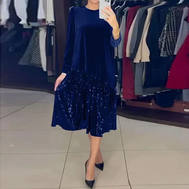 Abiti da sera con paillettes impiombate in velluto solido autunnale Abito da donna elegante con scollo a O lungo pullover Abito invernale con orlo a maniche lunghe