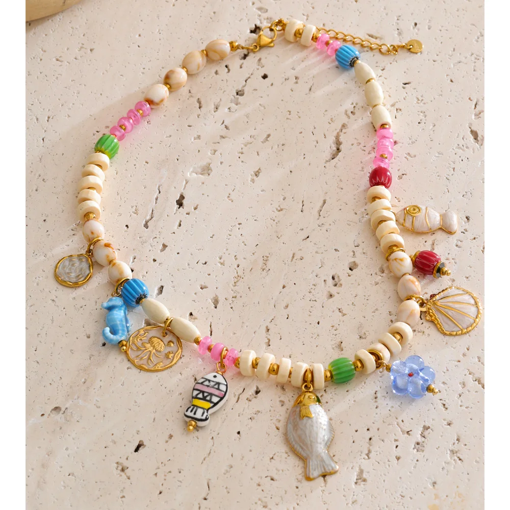 Yhpup Ocean Style Resin Wood Beads Chain Fish Shell Seahorse Drop Charm Summer Necklace Stylish Waterproof Handmade Jewelry