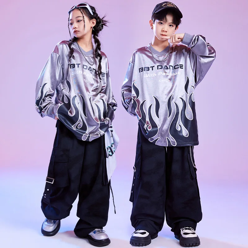 Kid Hip Hop Clothing Silver Gray Flame Sweatshirt Black Casual Tie Dye Cargo Pants for Girl Boy Jazz Dance Wear Costumes Clothes