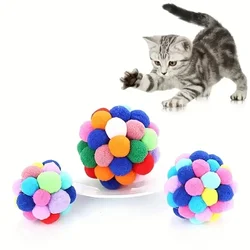 Cat Toy Balls Cat Plush Ball Toy Colorful Soft Fuzzy Balls Interactive Playing Chewing Toys Pet Elastic Bell Ball for Indoor Cat