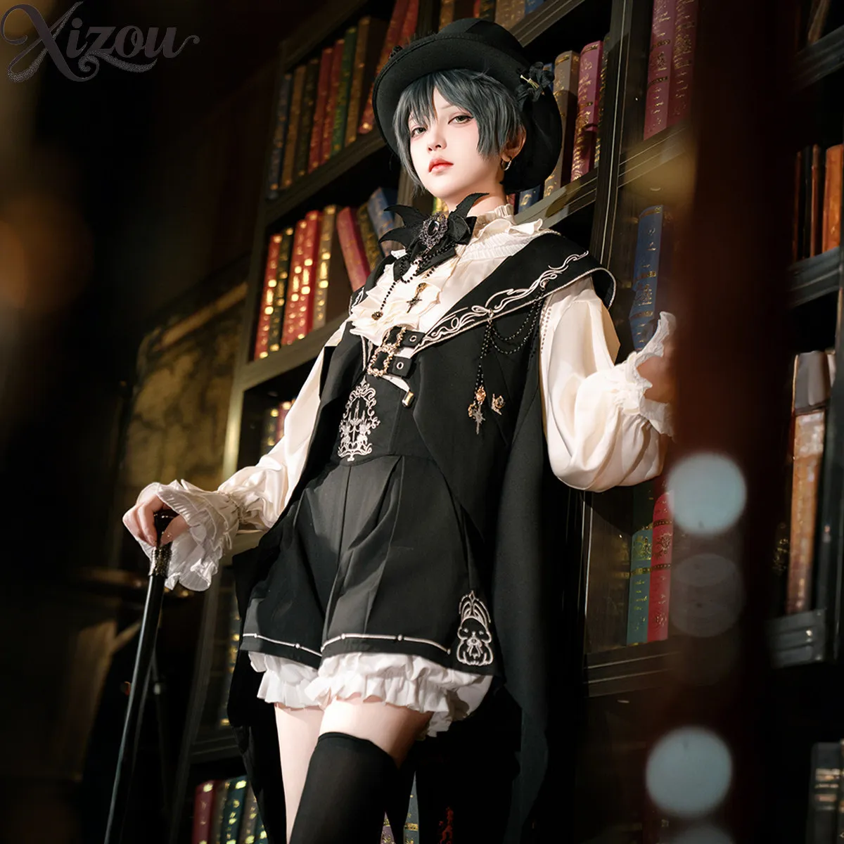 Women Black White Lolita Prince Set Long Sleeve Ruffle Blouse Vest High Waist Short Gothic Dark Spring Summer Cosplay Outfit