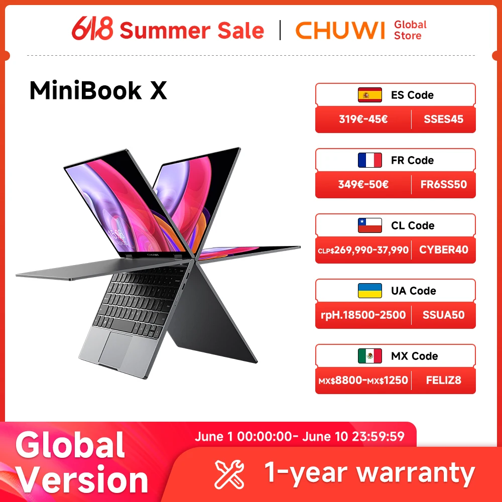 CHUWI MiniBook X Intel N150 2-in-1 Tablet Laptop 16GB LPDDR5 512G SSD 10.51'' 2K FHD WiFi6 BT5.2 Ultra-slim Touch Screen Laptop