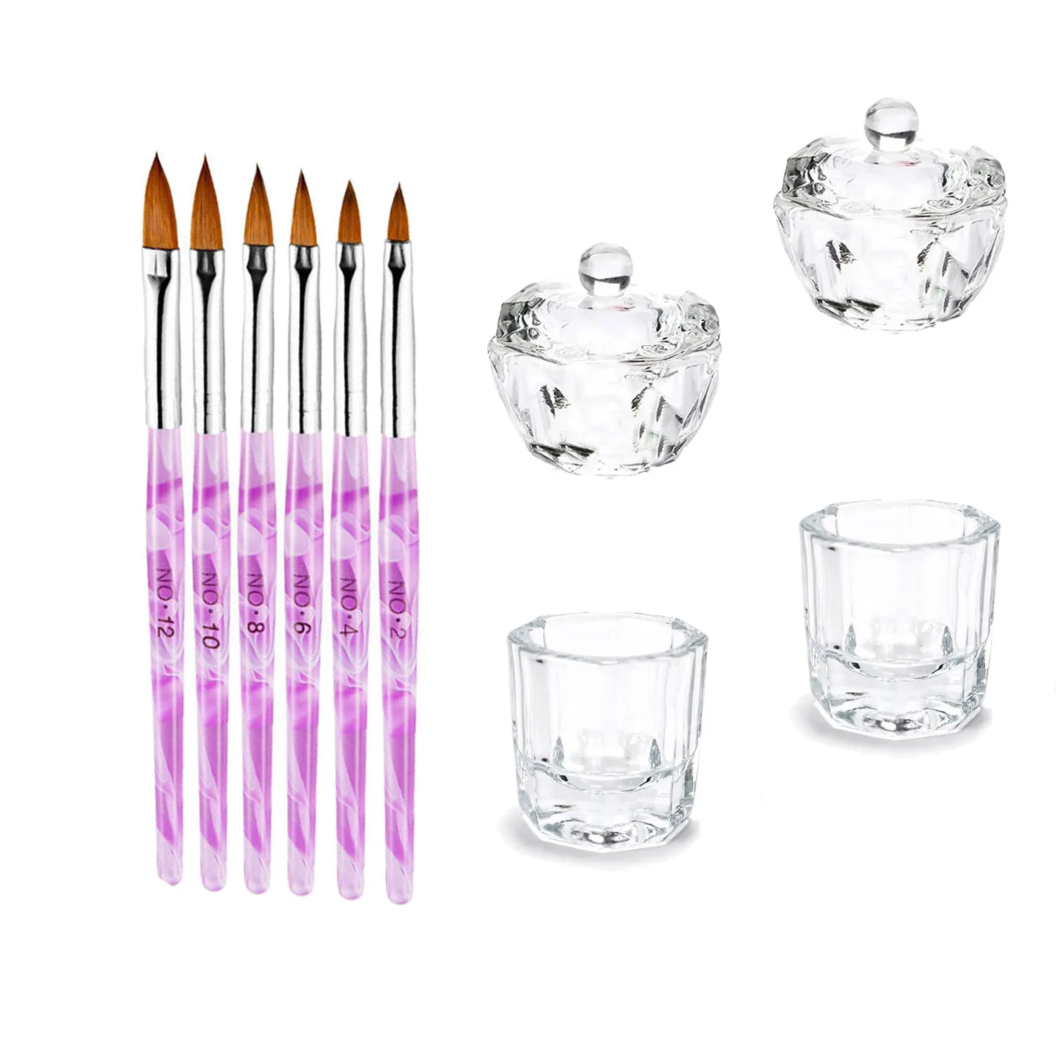 10PCS Nail Art DIY Crystal Sculpting Brush with Lid Clear Crystal Dappen Plate for mixing acrylic nail liquids and powders.