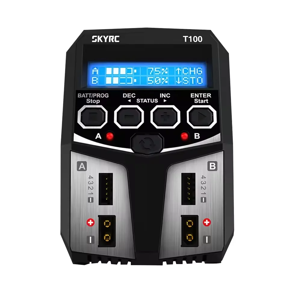 SKYRC T100 AC Dual Charger - 5A 2x50W Balance Charger, 2-4S for NiMH/NiCd/LiPo/LiFe/LiHV/Pb Battery & RC Models
