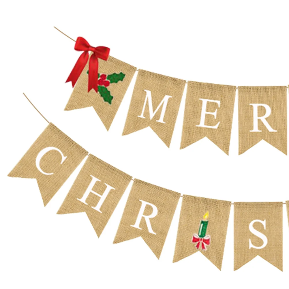 

Linen Burlap Christmas Banner Swallowtail Shape Red Bowknot Garland Bunting Party Decoration Christmas Supplies