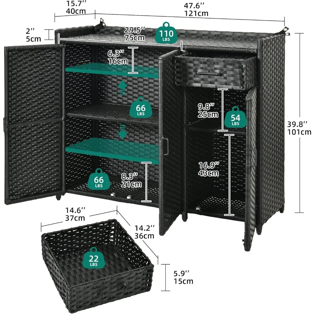 Outdoor Storage Cabinet, Weather-proof Rattan Bar Table with Two Doors, Adjustable Shelves & Foldable Drawer,   Black