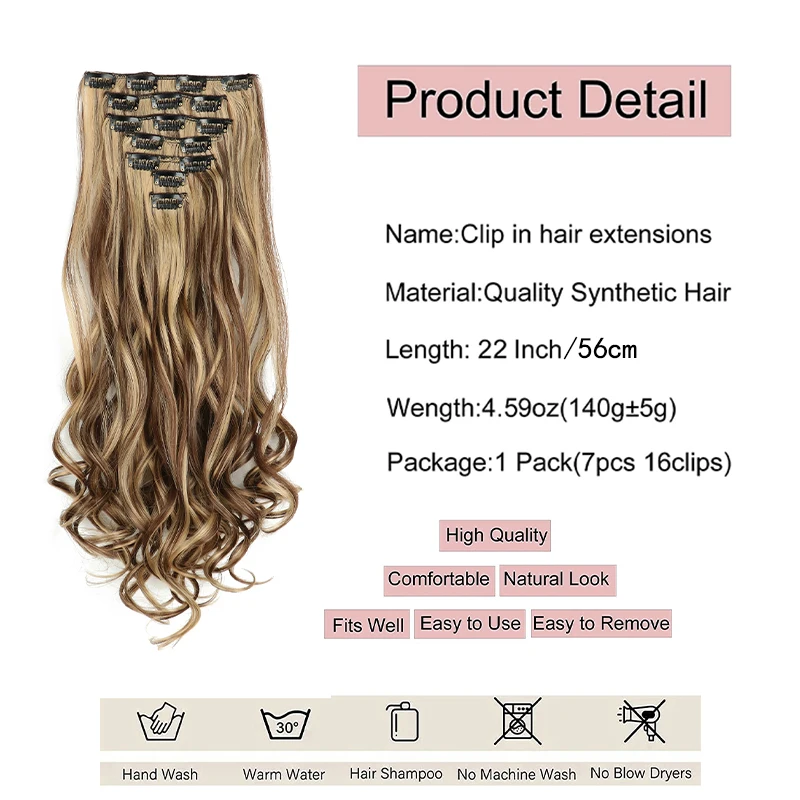 Clip in Hair Extensions for Women 22 Inch Long Wavy Curly Hair Extension Full Head Synthetic Hair Extension Hairpieces