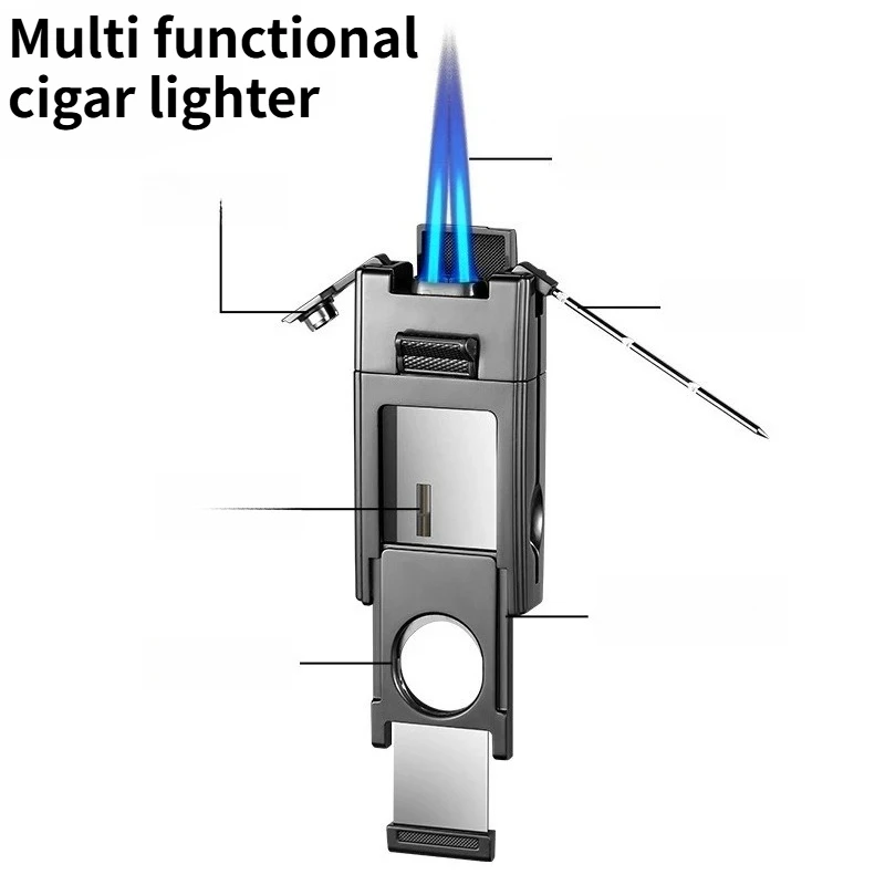 Multi-functional Cigar Machine Double Direct Injection Inflatable Blue Flame Portable Lighter with Cigar Knife Needle Men's Gift