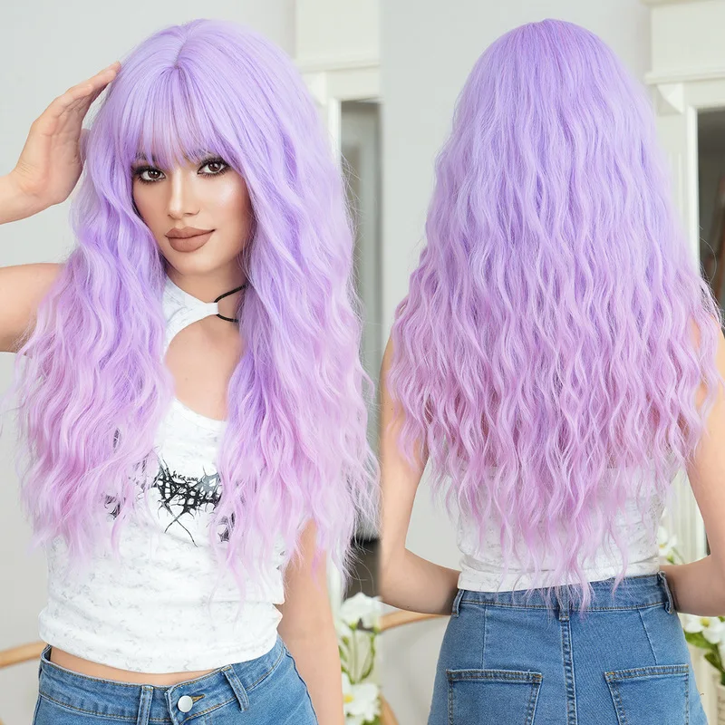 Lilac purple long curly wig with bangs suitable for European American parties Halloween and cosplay high-quality synthet