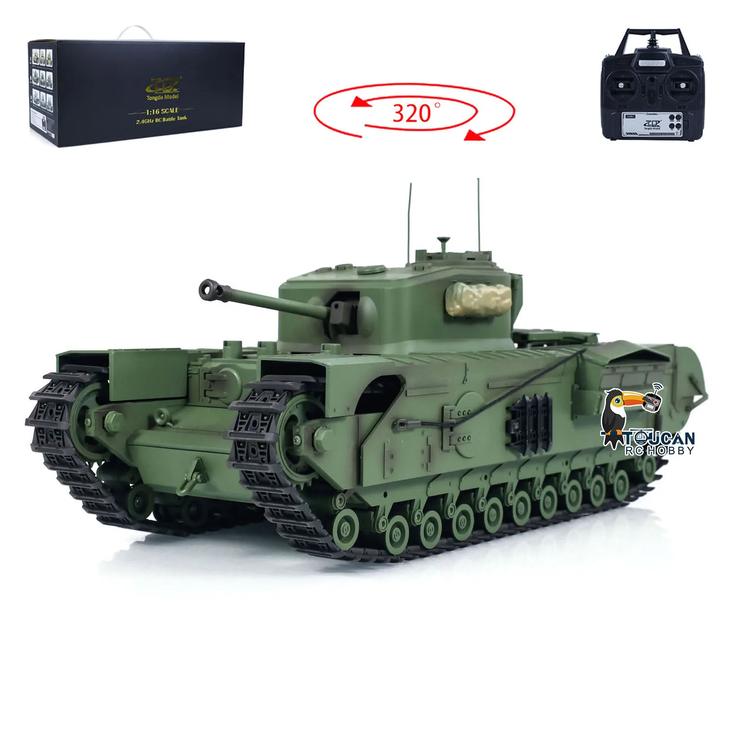 Tongde 1/16 Scale RC Tank Model Churchill Mk.VII Electric Infantry Battle Fighting Tanks Vehicles with Light Sound Smoking Toys