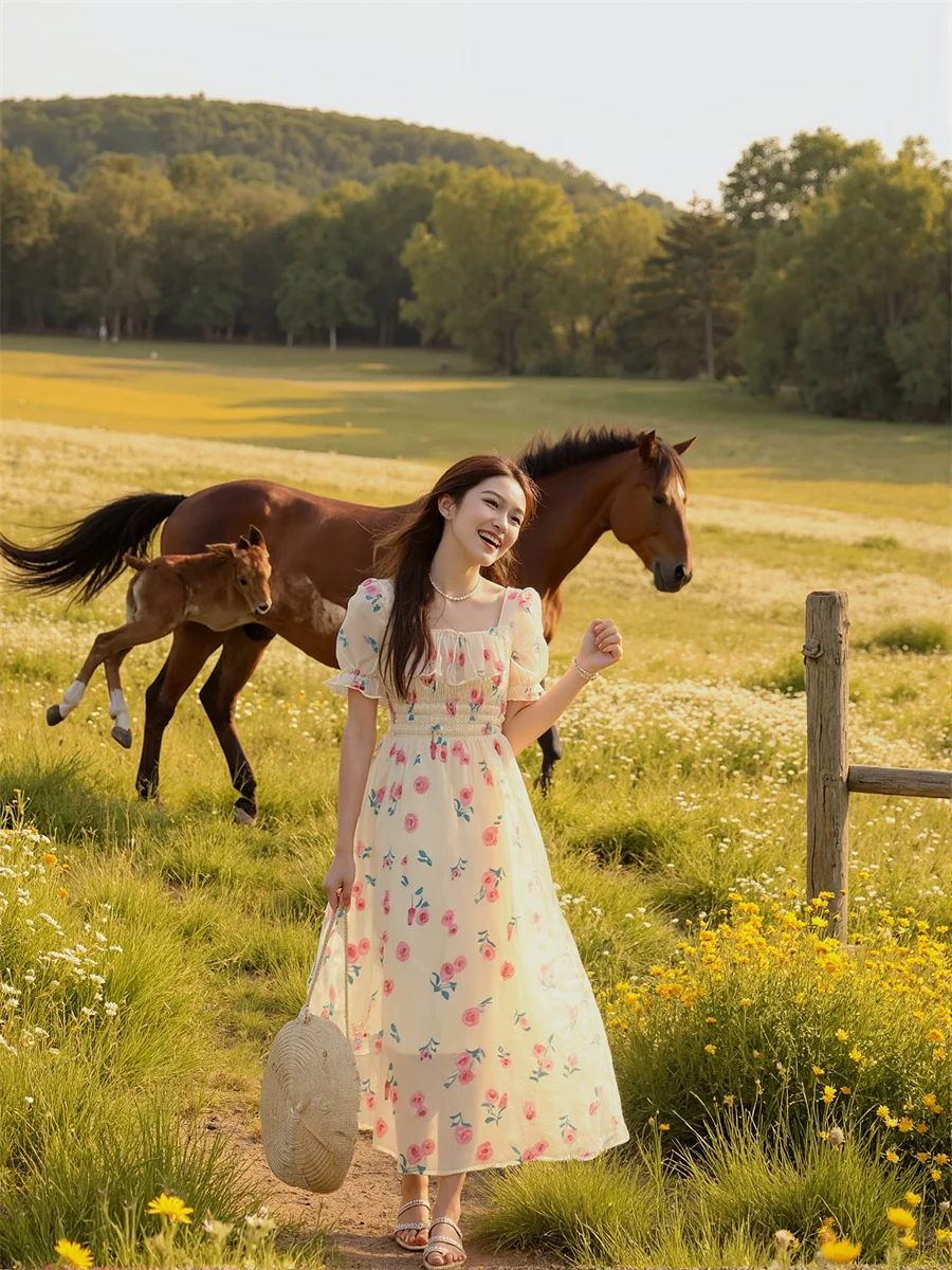 Damenkleider für Damen, Party, elegant, quadratischer Kragen, Schnürung, Volant, Rüschen, Fliege, Kordelzug, weich, Vintage, Boho, romantisch