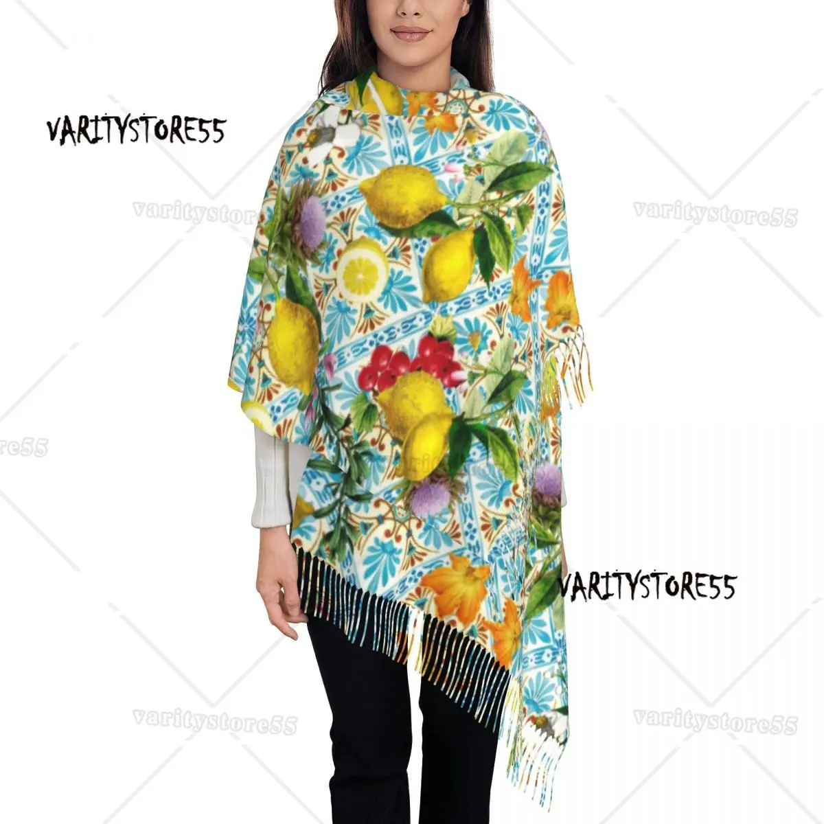 

Sicilian Lemons And Romantic Tiles Tassel Scarf Women Soft Citrus Fruit Painting Shawls Wraps Lady Winter Scarves