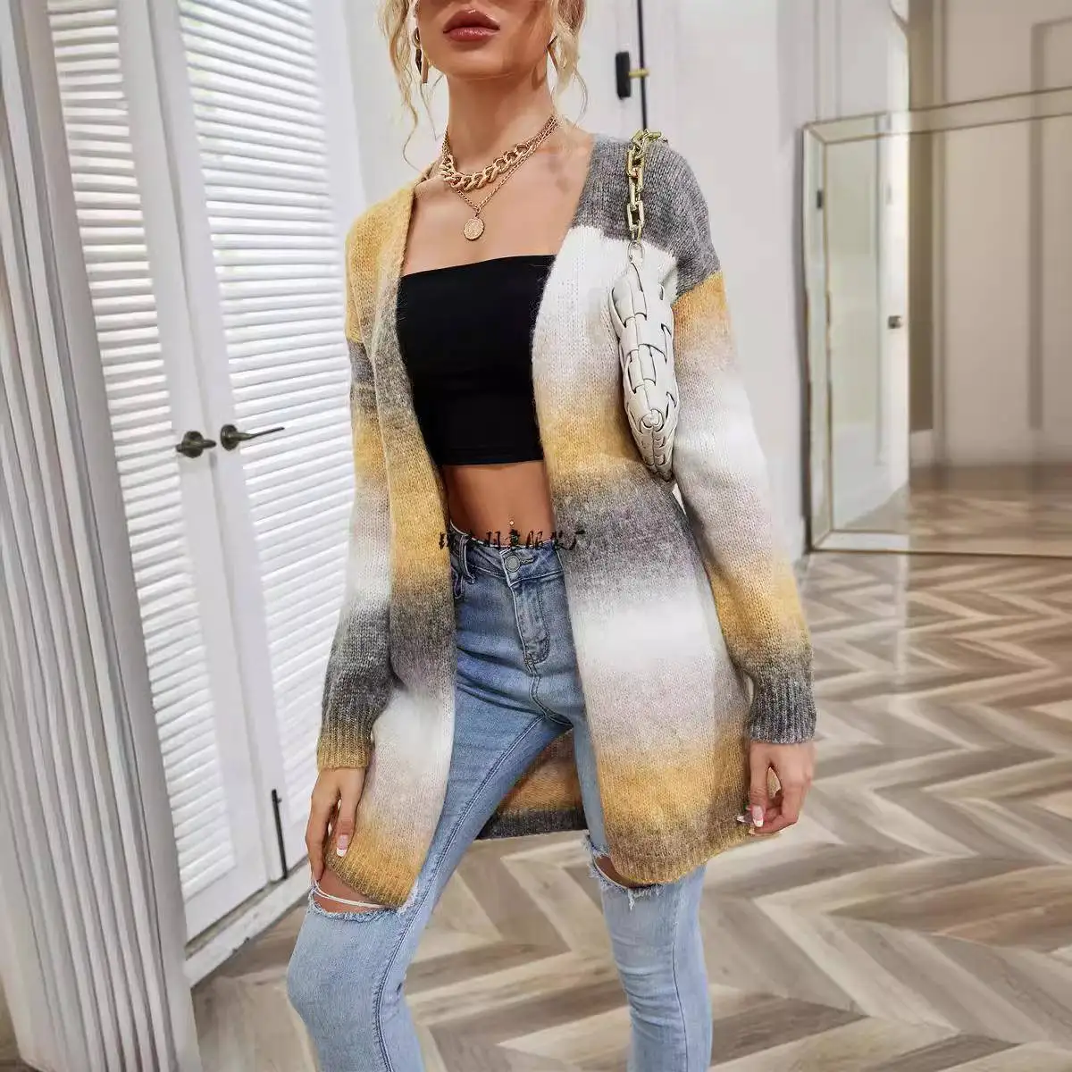 

Rainbow Dyed Loose Women's Knitted Sweater Cardigan Long Sve Mid-Length Open Front Winter Outerwear Cross-Border Sle