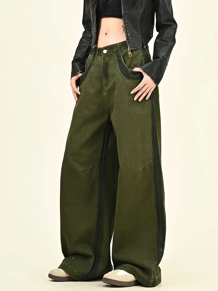 Women's Vintage Casual Streetwear High Waisted Straight Wide Leg Jeans Military Green Floor Length Pants 90s Fall Clothes