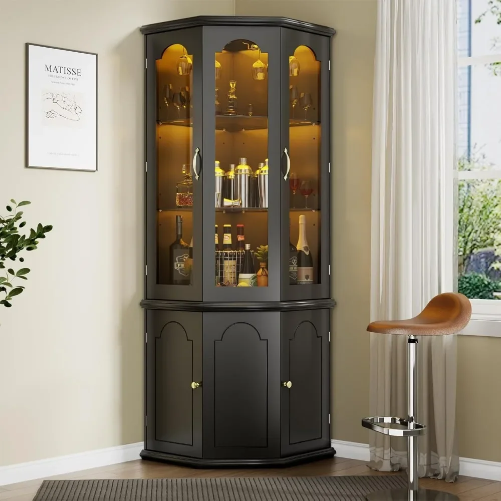 Armoire de bar d'angle avec lumières LED, grande cave à vin moderne avec porte en verre du Guatemala et étagères réglables, armoire de rangement pour bar