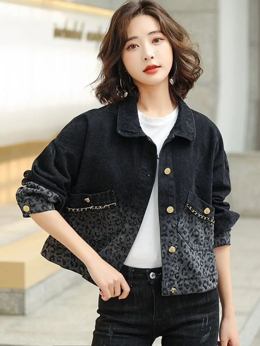 Black Gradient Leopard Denim Jacket Women's Spring Fashion Cropped Coat Top 2024 New Retro Women Clothing Oversized Jacket