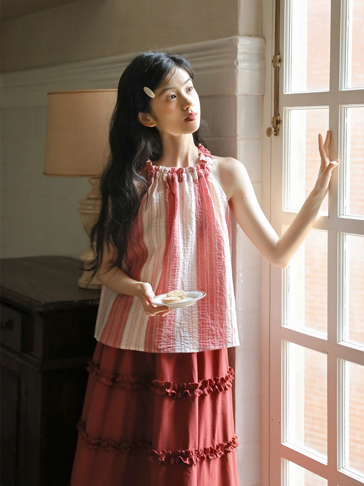 

Женский летний винтажный свободный хлопковый жилет Nesoulum с красными полосками и регулируемой завязкой, удобный и дышащий