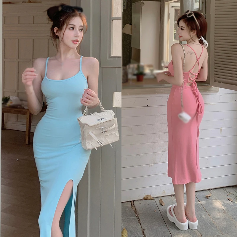 Women Dress Padded Summer Backless Bandage Women's Long Dress Slim Sexy Split Solid Colour Korean Version Dress