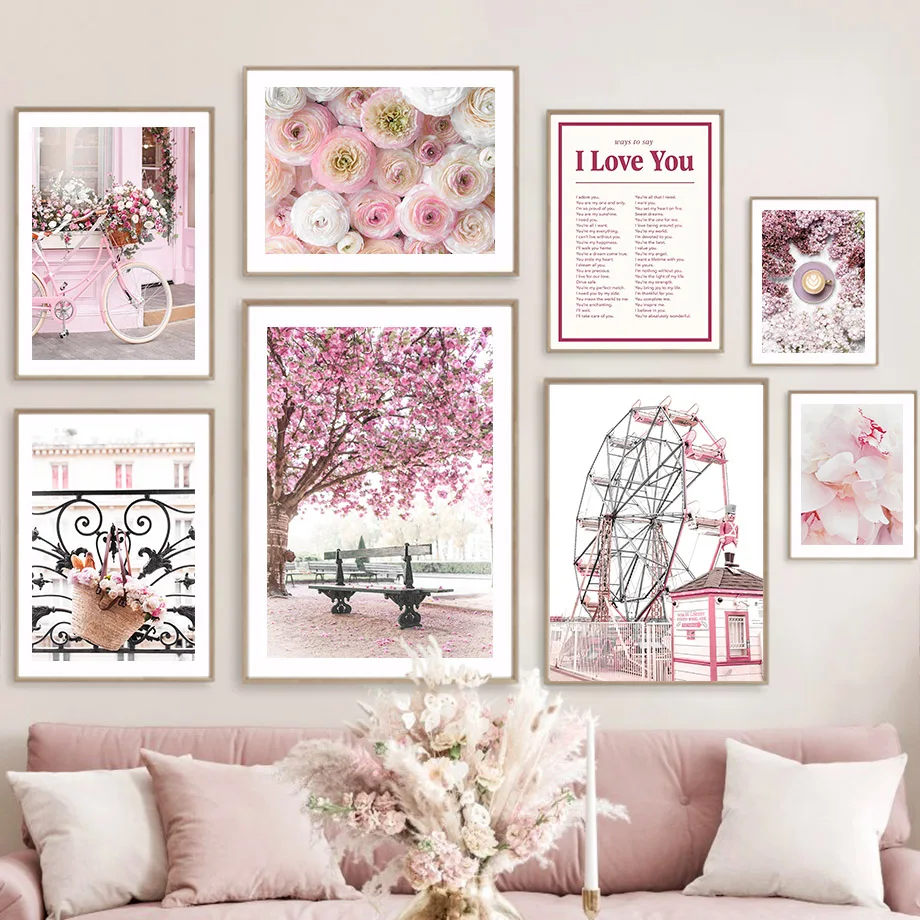 Rosa Sakura Rose Pfingstrose Paris Frische Blume Landschaft Poster Drucke Leinwand Malerei Wand Kunst Bilder Für Wohnzimmer Home Dezember