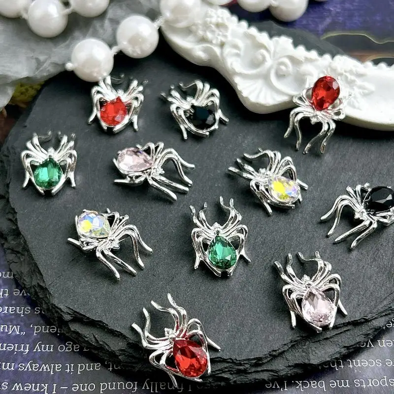 5Pcs New Simulated Alloy Silver Spider Nail Art Decorations Colorful Glass Water Droplet Diamond Inlaid Nail Charms DIY Nails