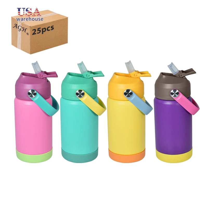 

25 шт., 12 унций, 12 унций, детская бутылка для воды с двойными стенками и порошковым покрытием из нержавеющей стали с соломенной крышкой, он