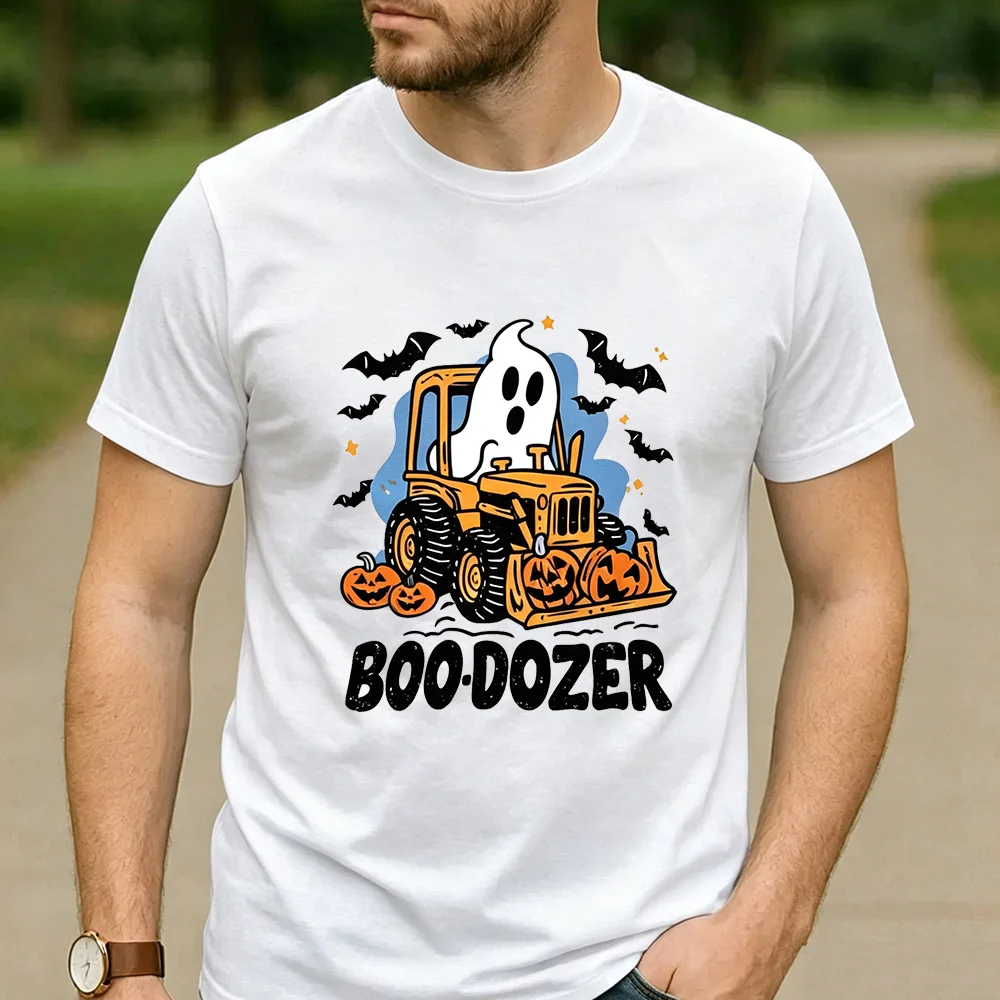 Boo-Dozer Funny Halloween Graphic T Shirt Cartoon Ghost Bulldozer Jack O Lantern Bat Star Print Unisex Cotton Casual Tee