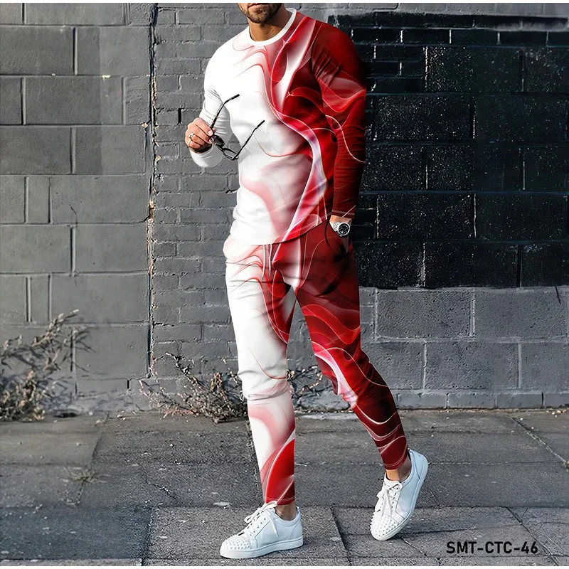 

Colorful Line Pattern 3D Printing New Men's Long Sleeve T-shirt Long Pants Set Fashion Clothing Sweatshirt Two Piece Set