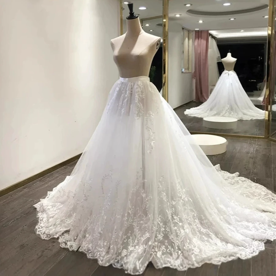 Customized White Ivory Tulle Luxury Lace Appliques Detachable Skirt Wedding Boho Removable Train For Dresses Bridal Overskirt