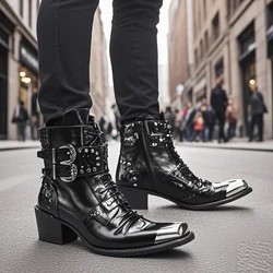 Spring Man Metal Fangtou Belt High-heeled Short boots Western Cowboy Boots Cowhide Serpentine Printing Stage show Party boots
