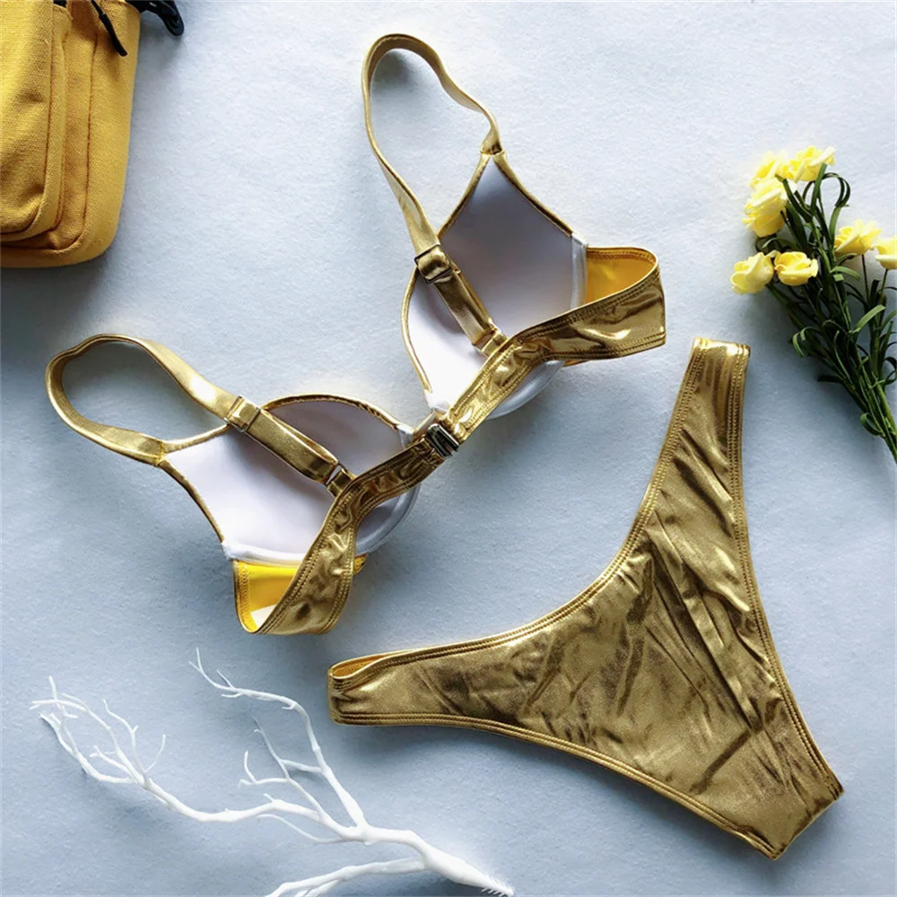 Gold Bikini Push Up Bra Women Trend Y2K Swimwear Glossy Metallic Beach Outfit Swimsuit Bath Suit Club Micro Bikinis Tangas Mujer