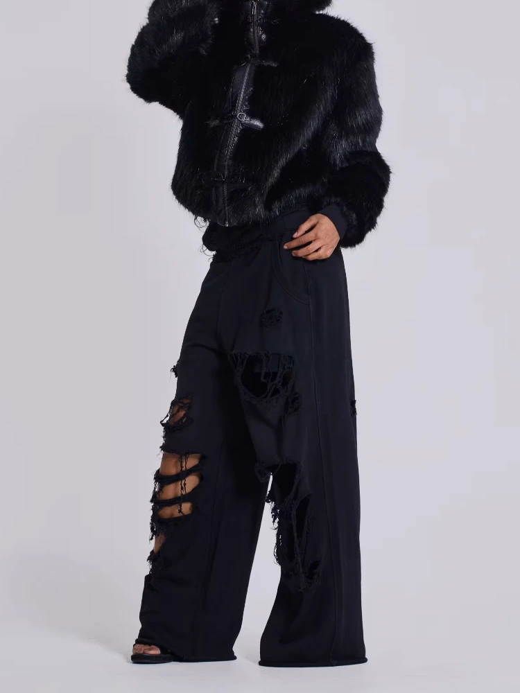 Deeptown Hole Black Women Pants Wide Leg American Retro Hip Hop Solid Sweatpants Distressed Baggy Monster Joggers Streetwear