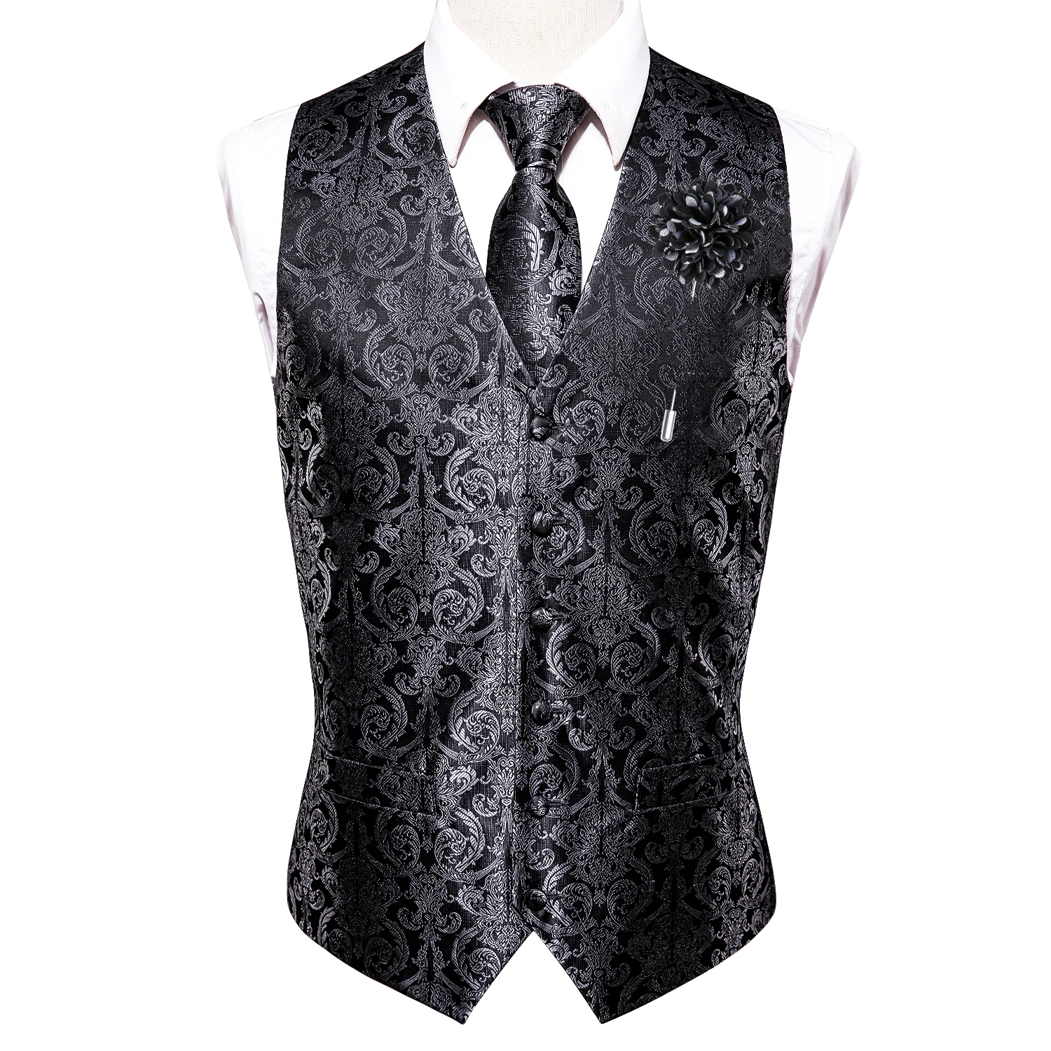 

Hi-Tie Black Men Vests Silk Paisley Waistcoat Neck Tie Hanky Cufflinks Brooch Set for Men Suit Wedding Party Designer Business