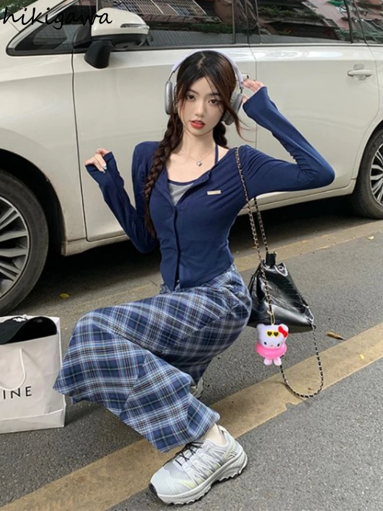 

Women Clothing Fashion 2 Piece Sets Long Sleeve Tunic Tshirts High Waist Tunic Long Plaid Skirt Outfits Roupas Femme Casual Suit