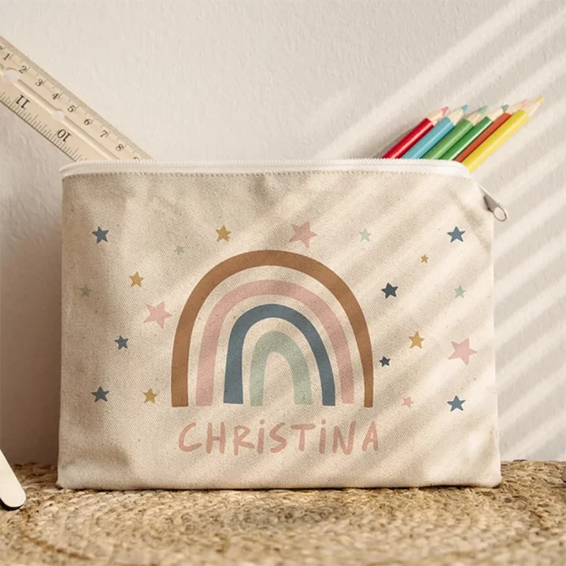 Custom Name Pencil Case Canvas Pencil Bag Birthday Gifts for Girls Rainbow Pouch School Accessories Back to School Gifts Teacher