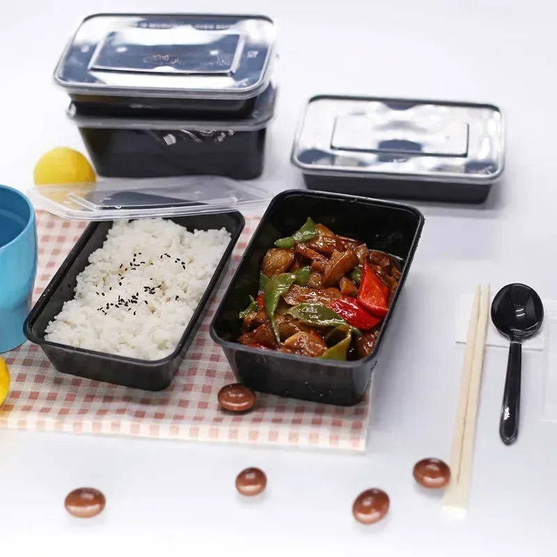 

1000ml Thick Disposable Takeaway Lunch Box - Microwave Safe Rectangular Black Plastic Food Packaging Bowl