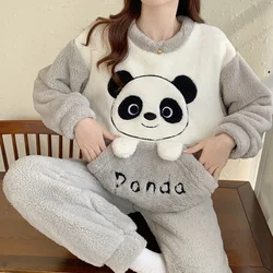 2024 Winter Long Sleeve Thick Warm Flannel Pajama Sets For Women Cute Cartoon Coral Velvet Sleepwear Pyjama Pijama Mujer Clothes