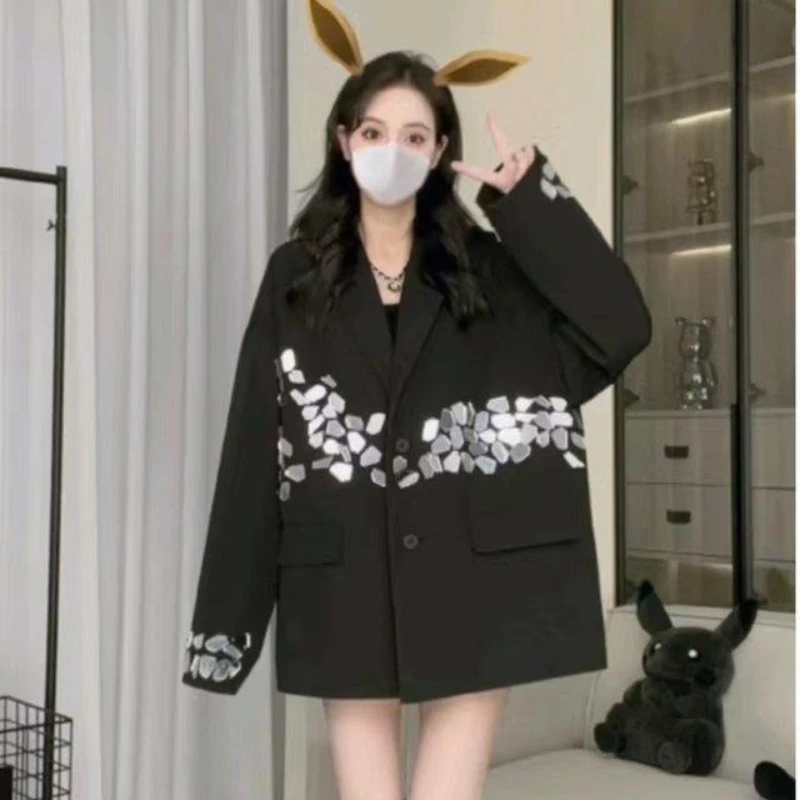Chic Woman Diamonds Beaded Sequined Patchwork Suit Jacket Rhinestones Blazers Coat OL Turn Down Collar Crystal Cardigan Tops