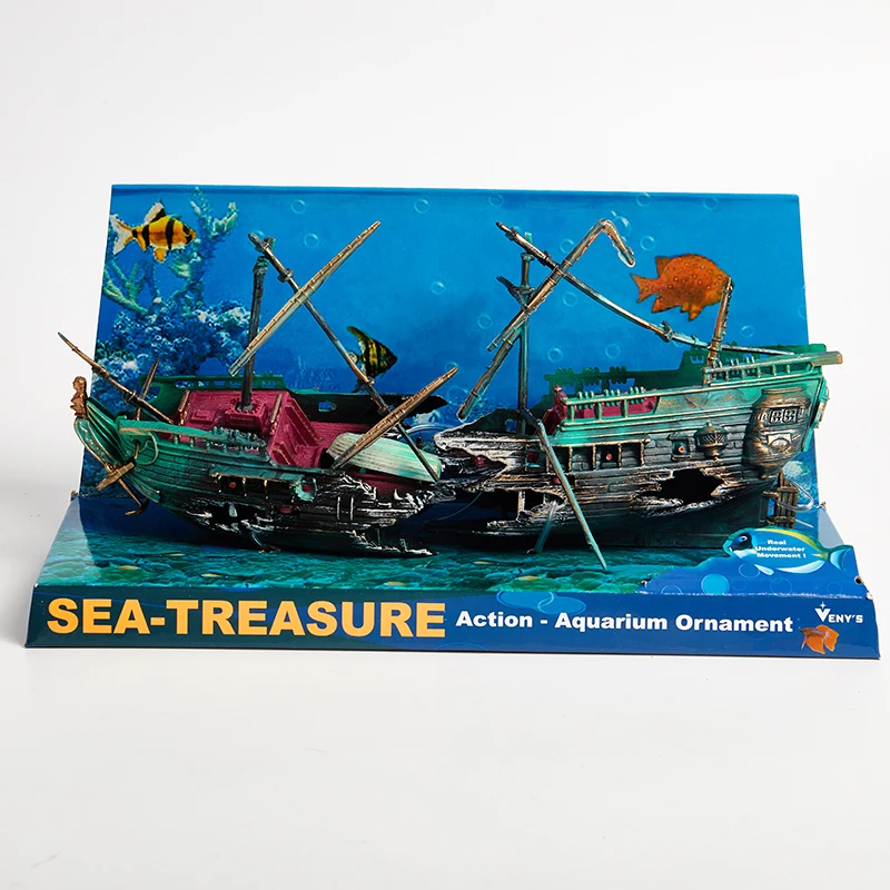 Barco hundido, adorno de barco para acuario, barco pirata, decoración de burbujas para pecera artesanal con Difusor de oxígeno