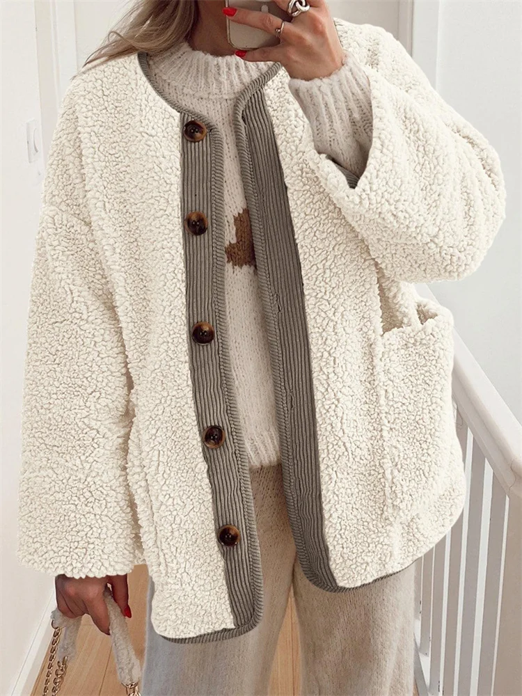 

CHRONSTYLE Женские флисовые куртки на пуговицах с длинными рукавами контрастного цвета, зимняя верхняя одежда с карманами