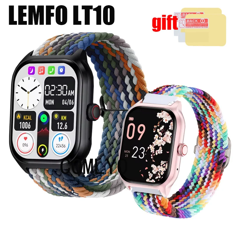 For LEMFO LT10 Smart Watch Strap Band Nylon Belt Adjustable Soft Breathable Wristband Screen Protector Film