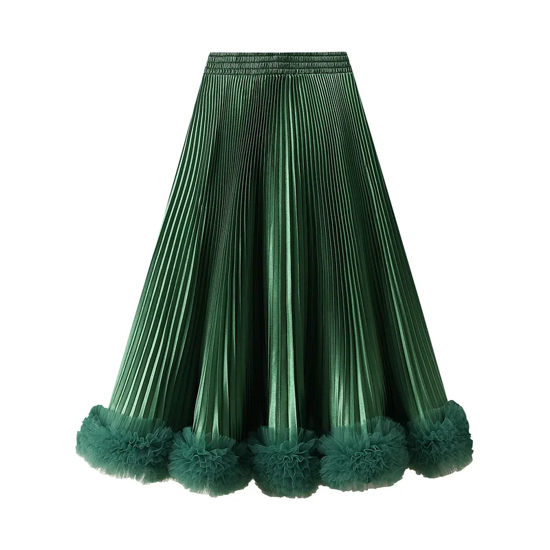 

2025 French Elegance Temperament Elastic High Waist A-line Flower Pleated Skirt Fashion Versatile Long Skirts Women Spring 0661