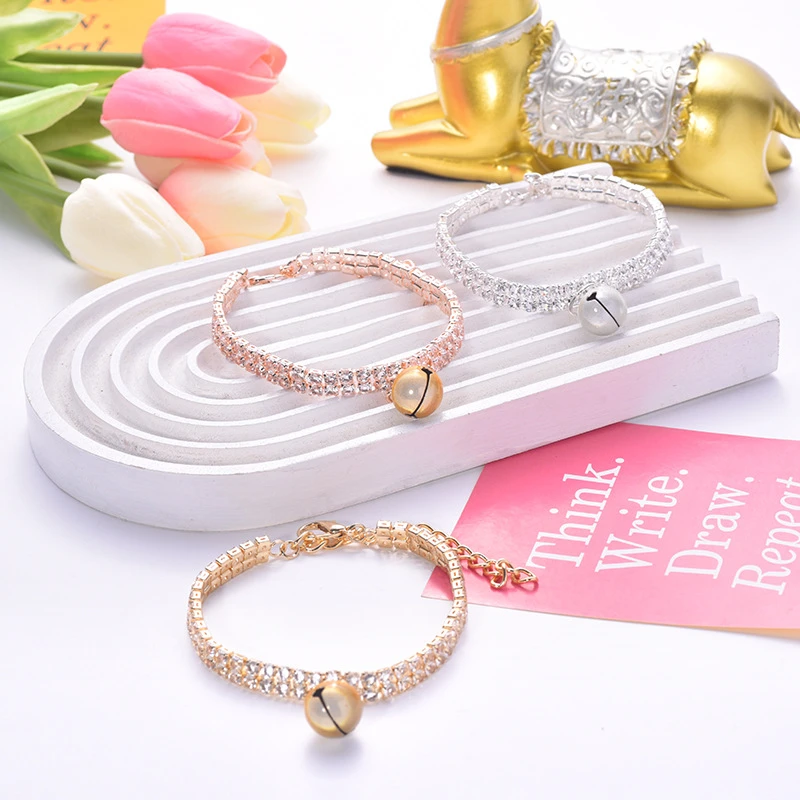 Double Layered Zircon Collar for Dogs Rose Golden Adjustable Pet Cat Neck Accessories Ring Bell Kitten Chain York Dog Collar