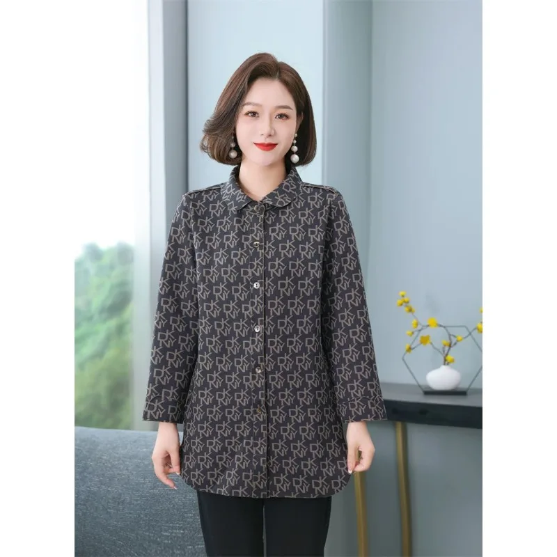 Middle Aged Women Spring Autumn Lapel Shirt Coat Ladies Letter Print Loose Mid Length Cardigan Outerwear
