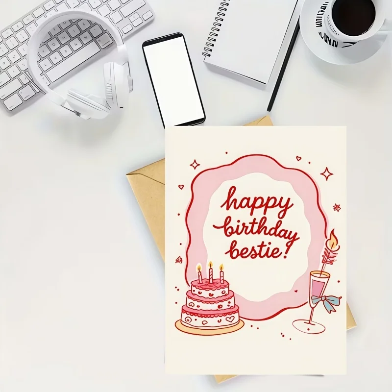 Cute hand drawn cake, best friend's birthday card, Happy Birthday Bestie, pink thread draft, good friend's birthday wish card