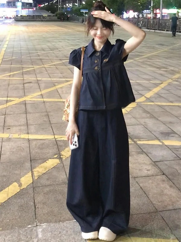 

Laid-back Korean Women's Vintage Denim Set Bubble Sleeve Deep Blue Wide Leg Pants Anti-Wrinkle Medium Thickness Summer Casual