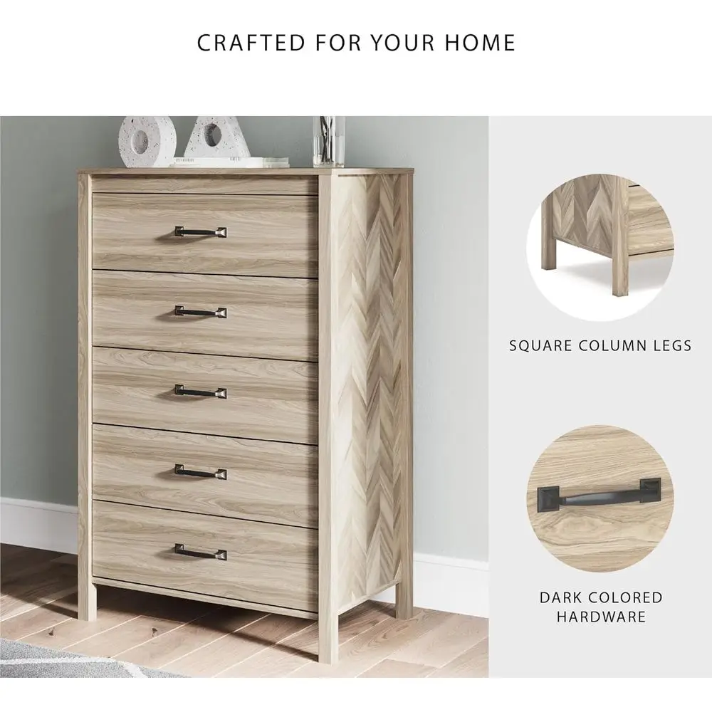 Cómoda Century moderna de 5 cajones con tope de seguridad, marrón claro para dormitorio