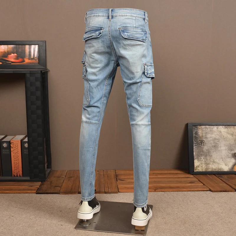 Street Fashion Heren Jeans Retro Blue Stretch Slim Fit Gesplitste Designer Biker Jeans Heren Grote Zak Designer Hiphop Denim Broek