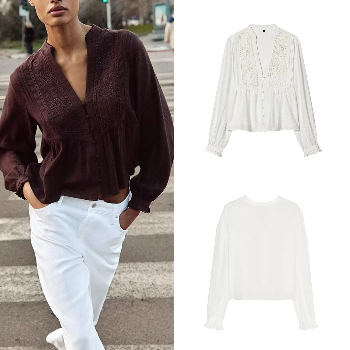 

Women's Summer Shirt Long Sleeve round Neck Embroidery Multi-Layer Decoration Loose Fit European Style Fashion Casual Shirt
