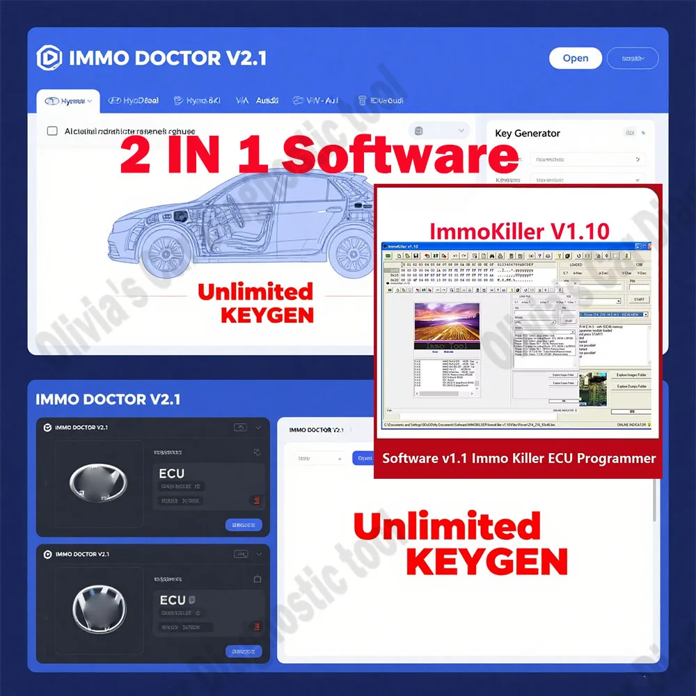 

New ImmoKiller V1.10 ECU Programmer Tool + IMMO DOCTOR V2.1 With Unlimited KEYGEN MULTI BRAND OBD2 Scanner for ECU Chip Tuning